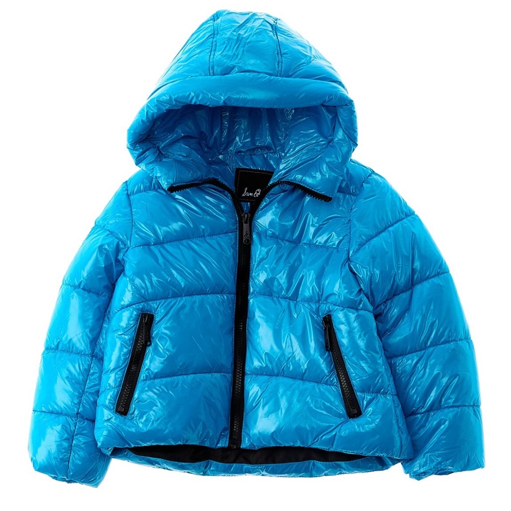 SAM EDELMAN Kids' High Gloss Hooded Puffer Jacket In Turquoise size Small 7/8